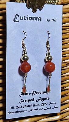 Eutierra Semi-Precious Orange Striped Agate Earrings Hand Crafted In USA 2 1/2''
