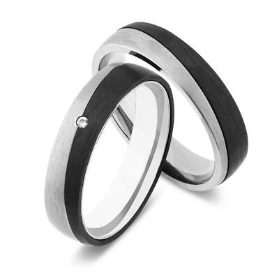 Paar Trauringe Eheringe Verlobungsringe Carbon Titanringe Diamantring mit Gravur - Bild 1 von 4