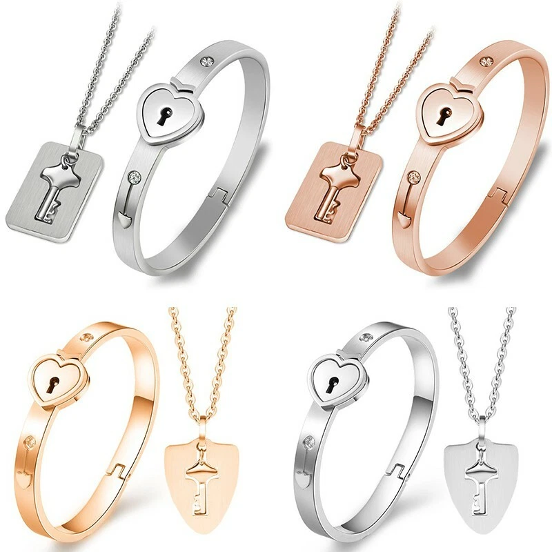 Couple Titanium Steel Love Heart Lock Bracelet Bangle & Key Pendant  Necklace Set