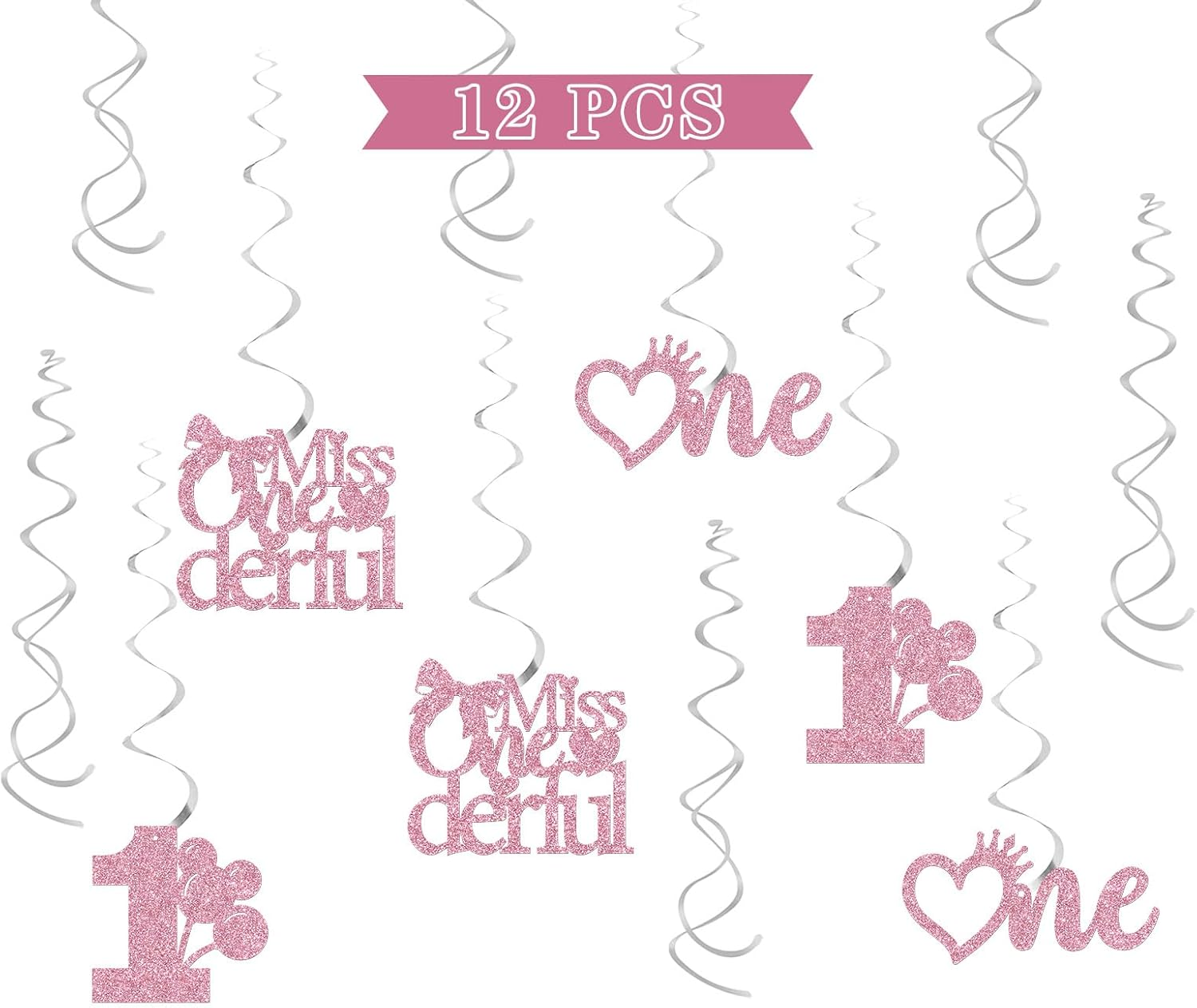 Mrs Onederful Hanging Swirl Decorations - Glitter 12 Pcs Gender Reveal Party Sup