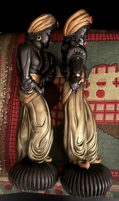 Vintage Antique Mid-Century Chalkware Blackamoor Warrior Statues