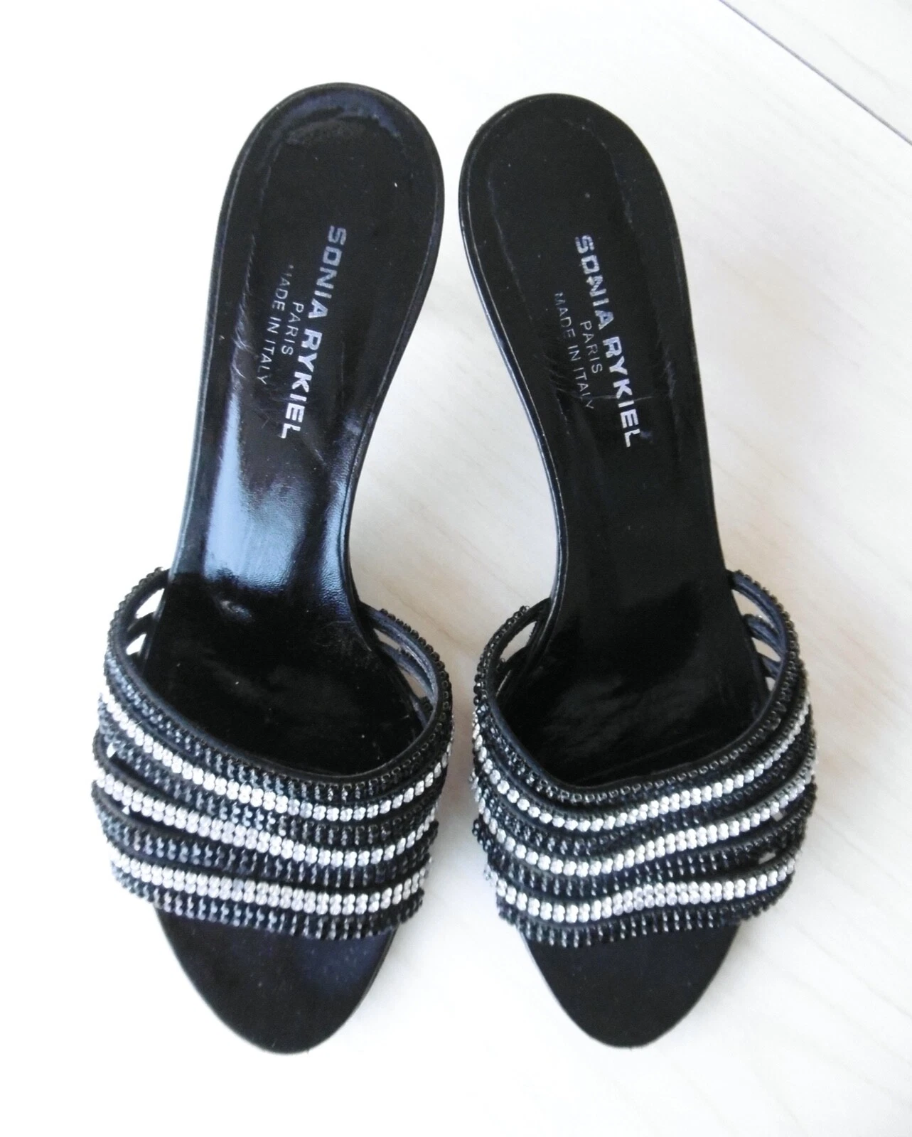 SONIA RYKIEL Mules Sandales à Talons Strass Cuir Noir 37,5
