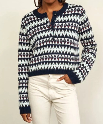 La Ligne Sz XL Womens Fairisle Henley Sweater 100% Merino Wool Navy Multi Top
