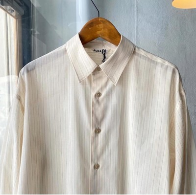 Auralee Hard Twist Finx Organdy Stripe Shirt Light Beige Size 4 