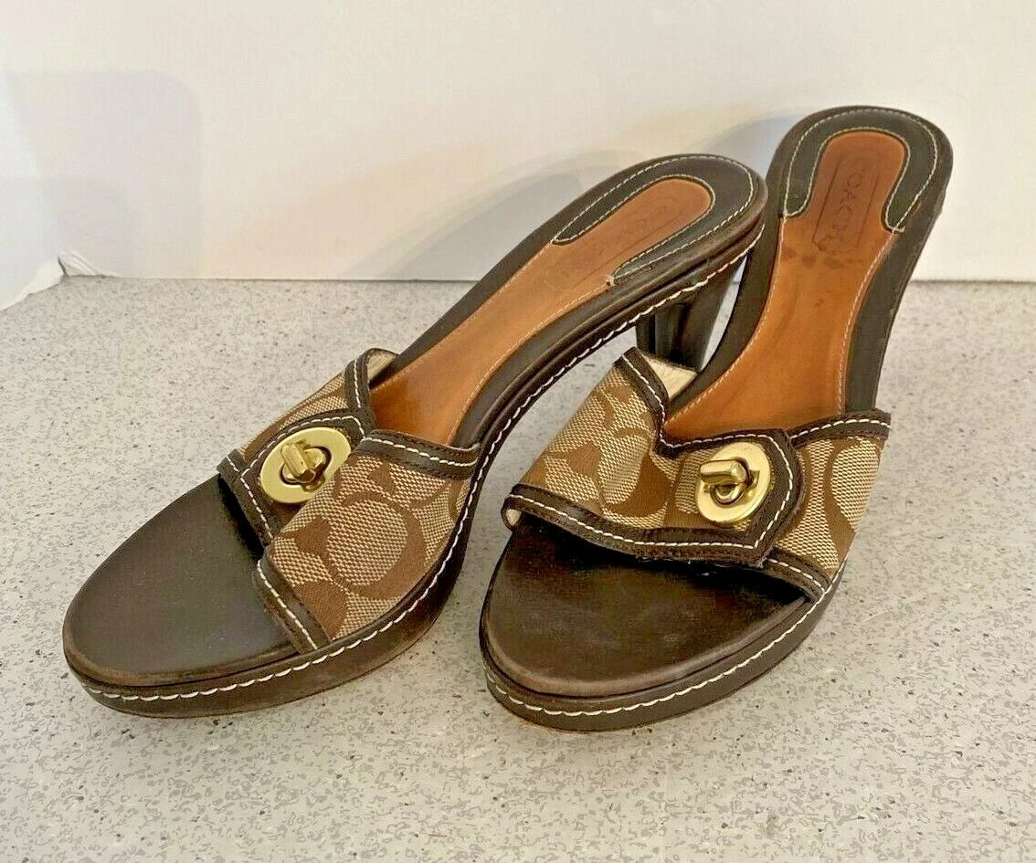 Coach High Heel Platform Slides Sandals Shoes Brown Logo Print