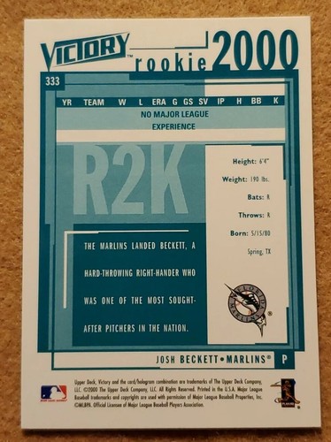 Josh Beckett 2000 Upper Deck Victory #333 Florida Marlins - Picture 2 of 2