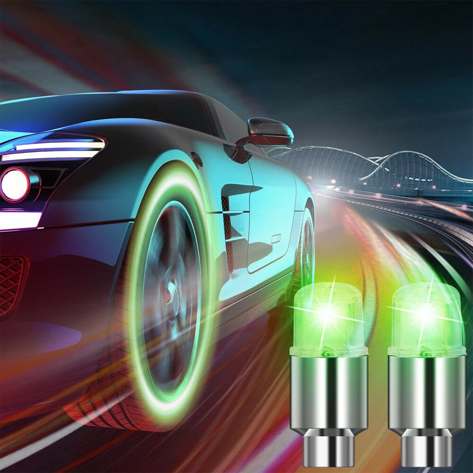 4 Piezas Tapas de vástago de válvula de aire de neumático de rueda de coche verde Accesorios de tapa de luz LED Foto 2 de 4