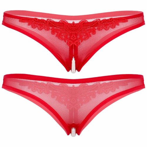 Damen Mesh Transparent String Slips Schritt offen Stringtanga mit Perlen Dessous - Picture 11 of 50