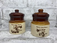 Vtg 1985 Swiss Colony Cheese Spread 3-3/4" Pottery Crocks Lids Merry Chris Mouse
