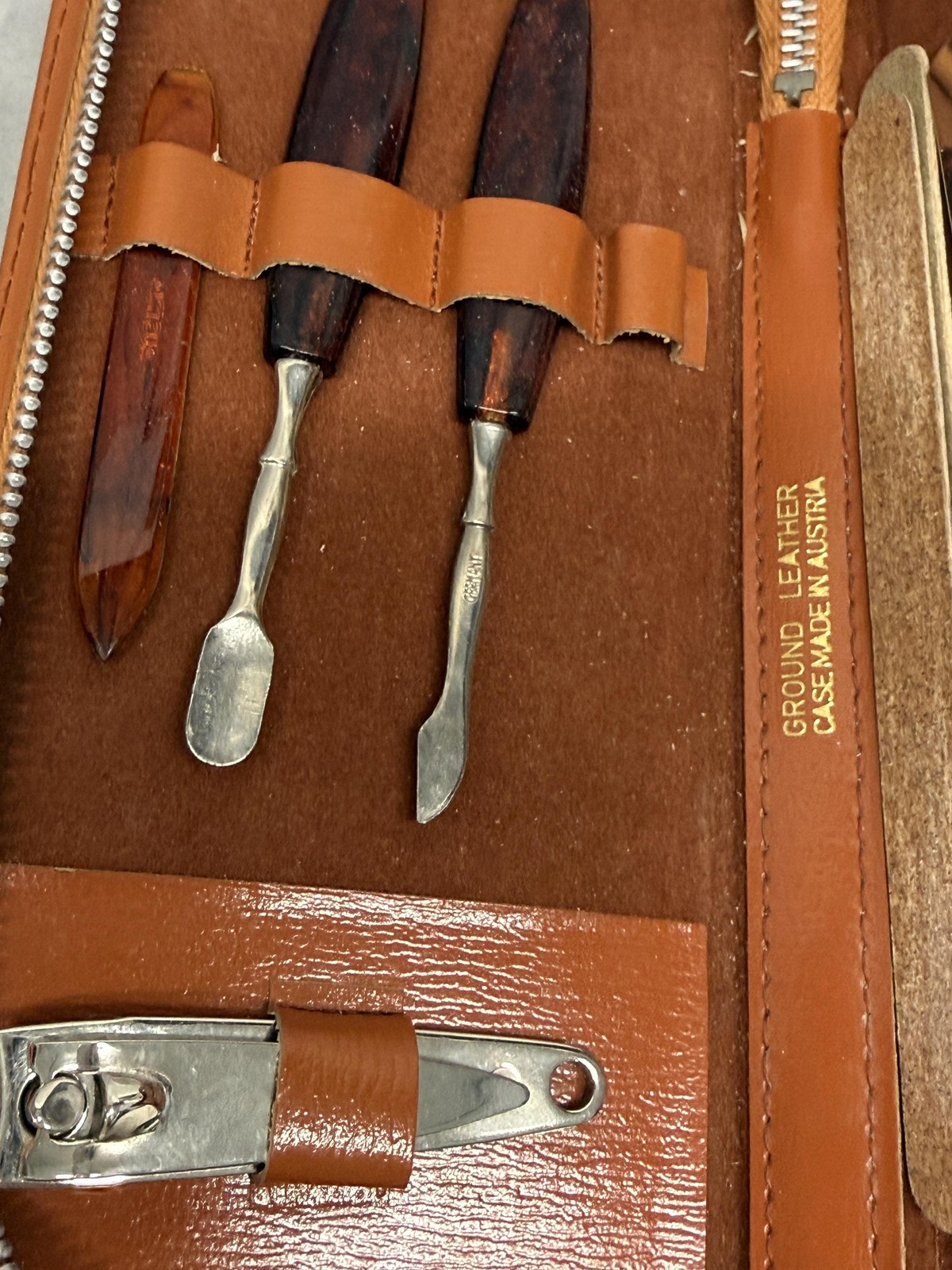 Vintage Brown Leather Manicure Grooming Kit Zip Case Germany Scissors Tweezers