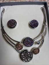 Silver Tone Glittery Necklace Earrings Set