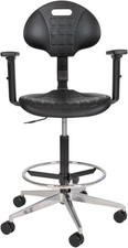 Werkstattstuhl mit Armlehnen & Fußring - Höhenverstellbar - Aluminium-Basis