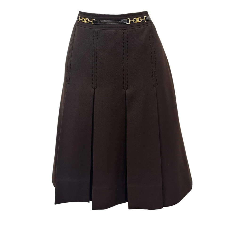 Vintage Celine 70s Wool Horsebit Brown Pleated Skirt - Image 2 of 4