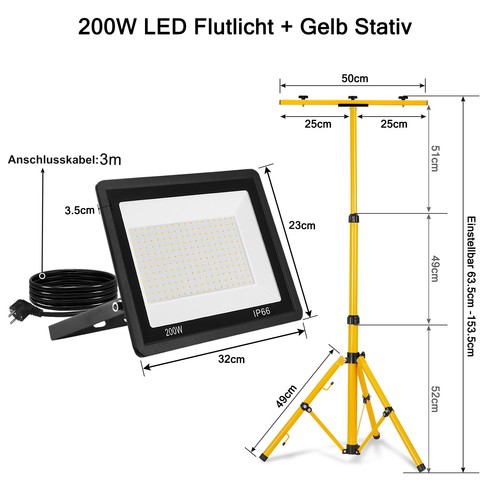 2x 200W LED Fluter Flutlicht Baustrahler IP66 Kaltweiß Scheinwerfer mit Stativ - Bild 2 von 12