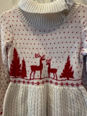 Janie and Jack5T Holiday Sweater Dress Cream with Red Reindeer w/ Brass  buttons | eBay