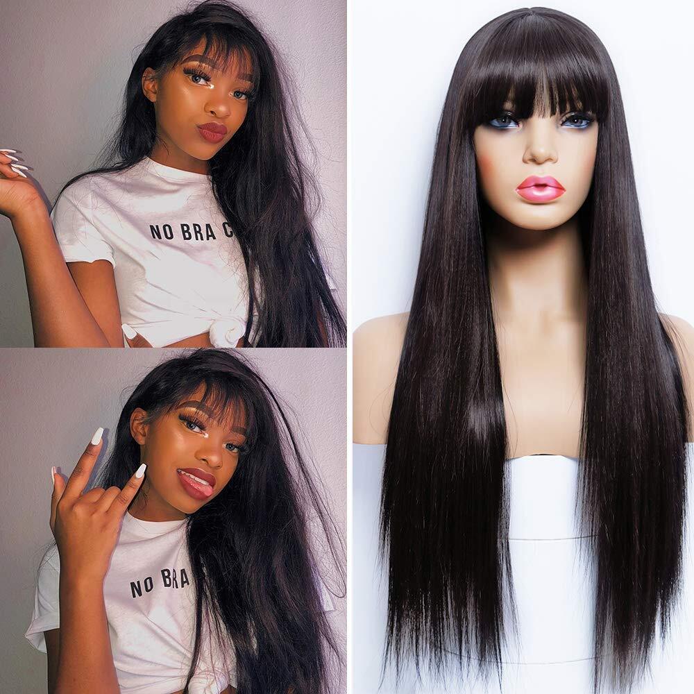 Stylish Black Long Wig Amazon.com : Honygebia Black Wig with Bangs - Natural Black  main image 4