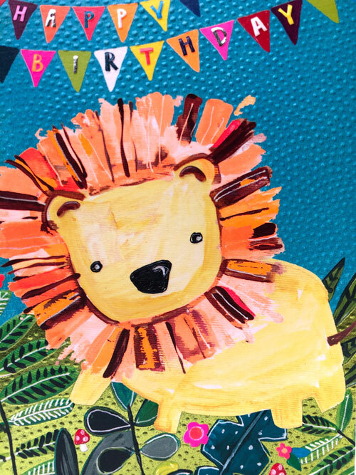 Happy Birthday Lion Fun Neon Colours Emboss Foil Kids Greeting Card Paper Salad