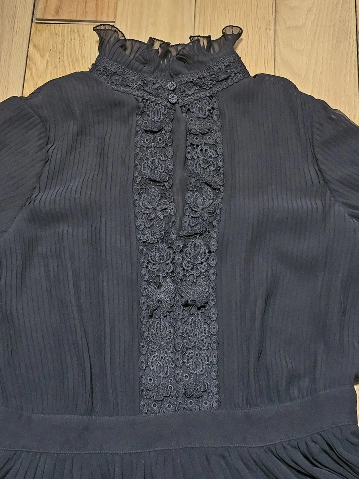 Nuevo sin etiquetas Vestido Largo Plisado Polo Ralph Lauren Para Mujer Negro Georgette Encaje Foto 3 de 4