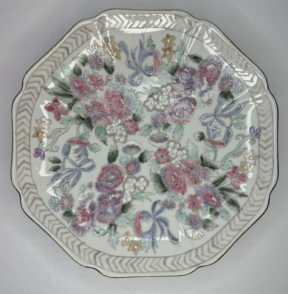 White Enameled Chinoiserie Plate 8.5" Asian Traditional Plate Wall Centerpiece