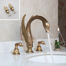 Antique Brass Swan Design Bathroom Sink Faucet 3 Hole Deck Mount Basin Mixer Tap