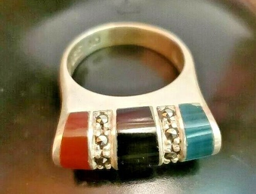 SIGNED VINTAGE STERLING RING CARNELIAN BLACK ONYX AVENTURINE MARCASITE 6.75