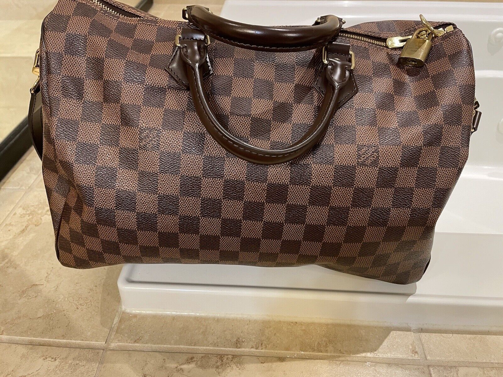 Louis Vuitton Speedy 35 Damier Azur canvas with lock and key