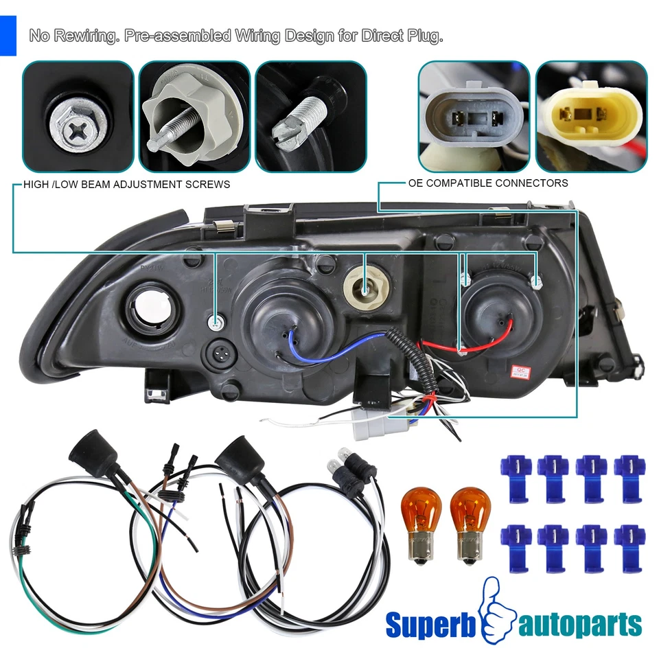 Fits 1999-2001 BMW 99-01 E46 4Dr 323i 328i 330i Halo Projector Headlights Black - Image 4 of 4