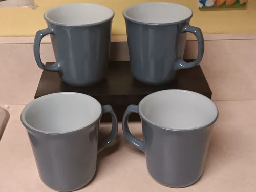 Vintage Pyrex Slate Blue Coffee Mugs Early 1980's Set Of 4 With D Handle