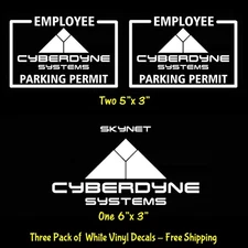 Two 5" Cyberdyne Systems Employee Parking Permits & One 6" Skynet 3 White Decals