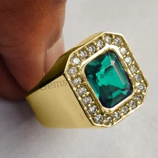 14k Yellow Gold With Green Emerald Gemstone Ring 14k Solid Yellow Gold Men Ring