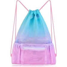 Mesh Drawstring Bag with Zipper Pocket for Swimming Beach Gear Pink Blue