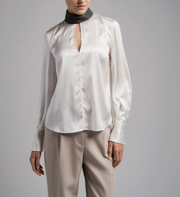 NWT $3295 Brunello Cucinelli Women Silk Satin Blouse W/Monili Bead Collar M W242