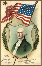 George Washington Birthday Patriotic Stars US Flag Gilt Embossed 1900s-20s PC