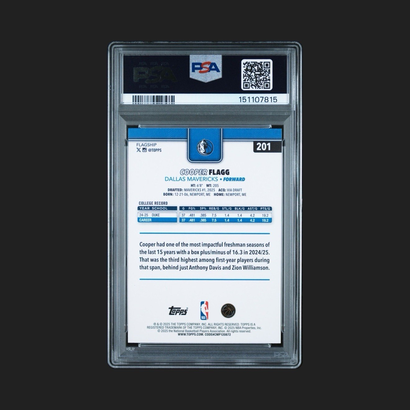 2025 Topps Cooper Flagg #201 Rookie Dallas Mavericks PSA 10 GEM MT view 2