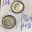 1964 P D Roosevelt Dime Year Set 90% Silver 2 Coin Lot