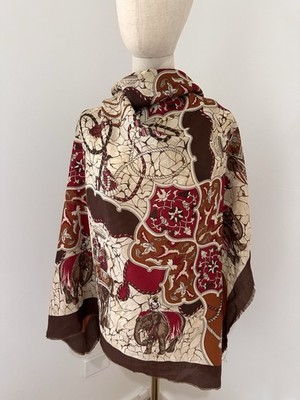 Vintage 70s Elephant Parade Scarf Boho India Print Brown Red Large Shawl Square