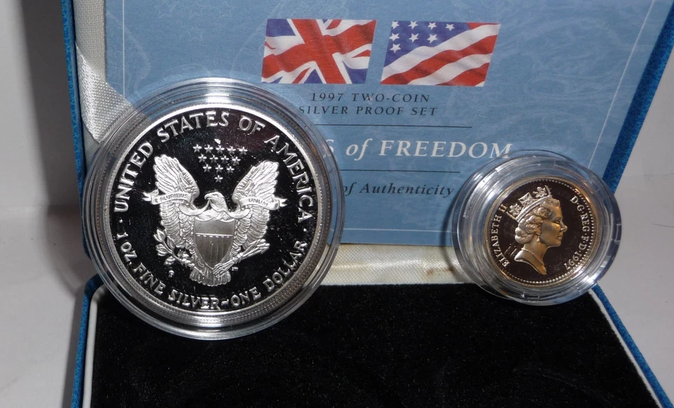 1997 Prueba Símbolos de Libertad, Juego de Dos Monedas Ultra Raro con Caja y Certificado Foto 4 de 4