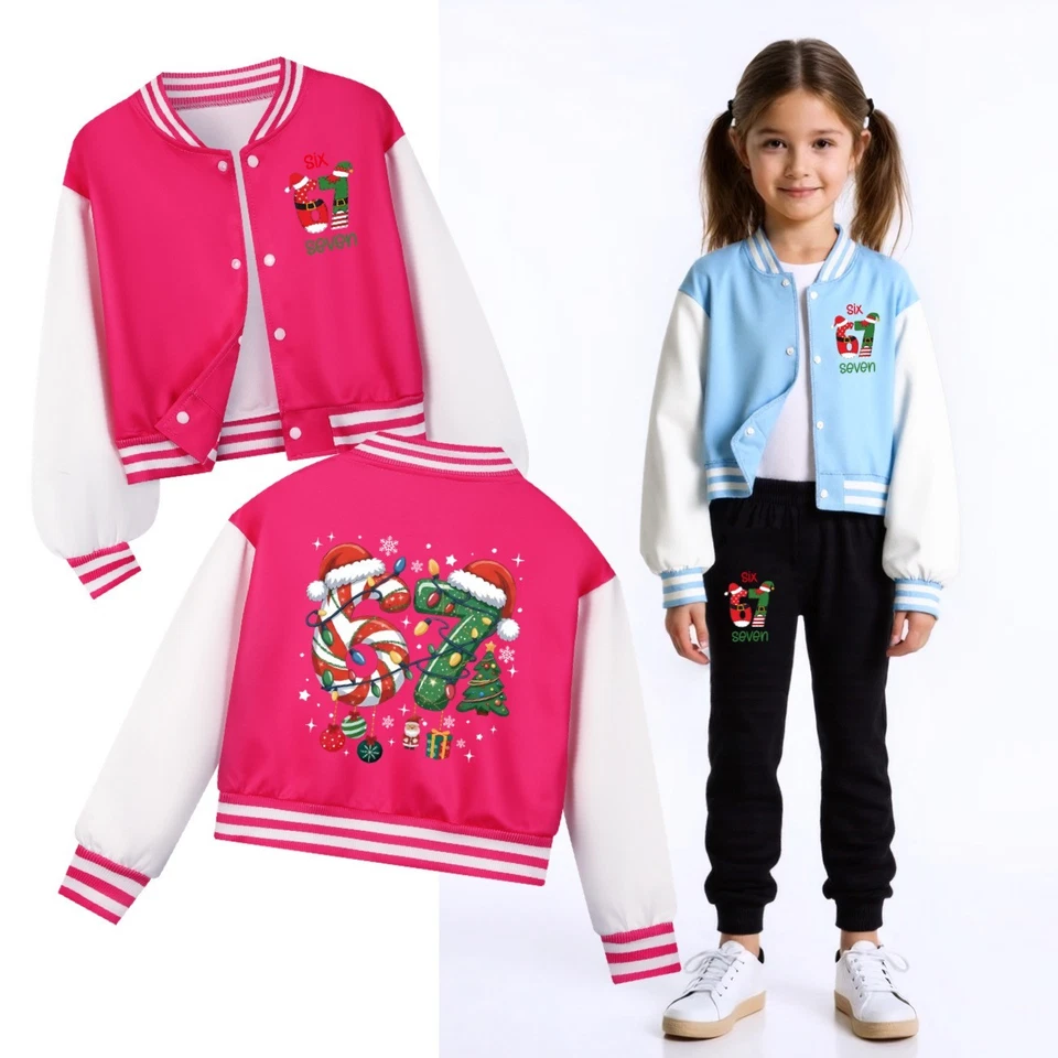 Boys Girls Six Seven Christmas Jacket Baseball Coat 67 Funny Outerwear Xmas Gift - Image 3 of 4