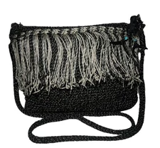 The Sak Crocheted Boho Crossbody Bag in Black & Silver with Fringe Accent