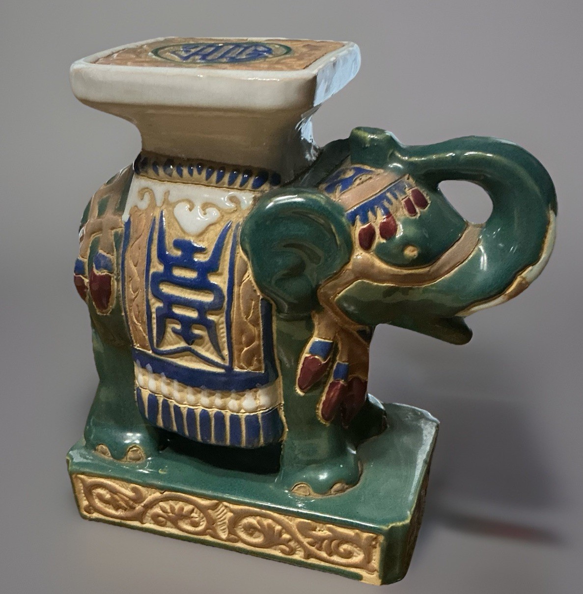 Vintage Ceramic Elephant Plant Stand Chinoiserie Style Trunk Up