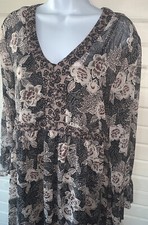 Knox Rose Sz SMALL Black Floral  Chiffon Lurex Print Bell Sleeve Lined Dress EUC