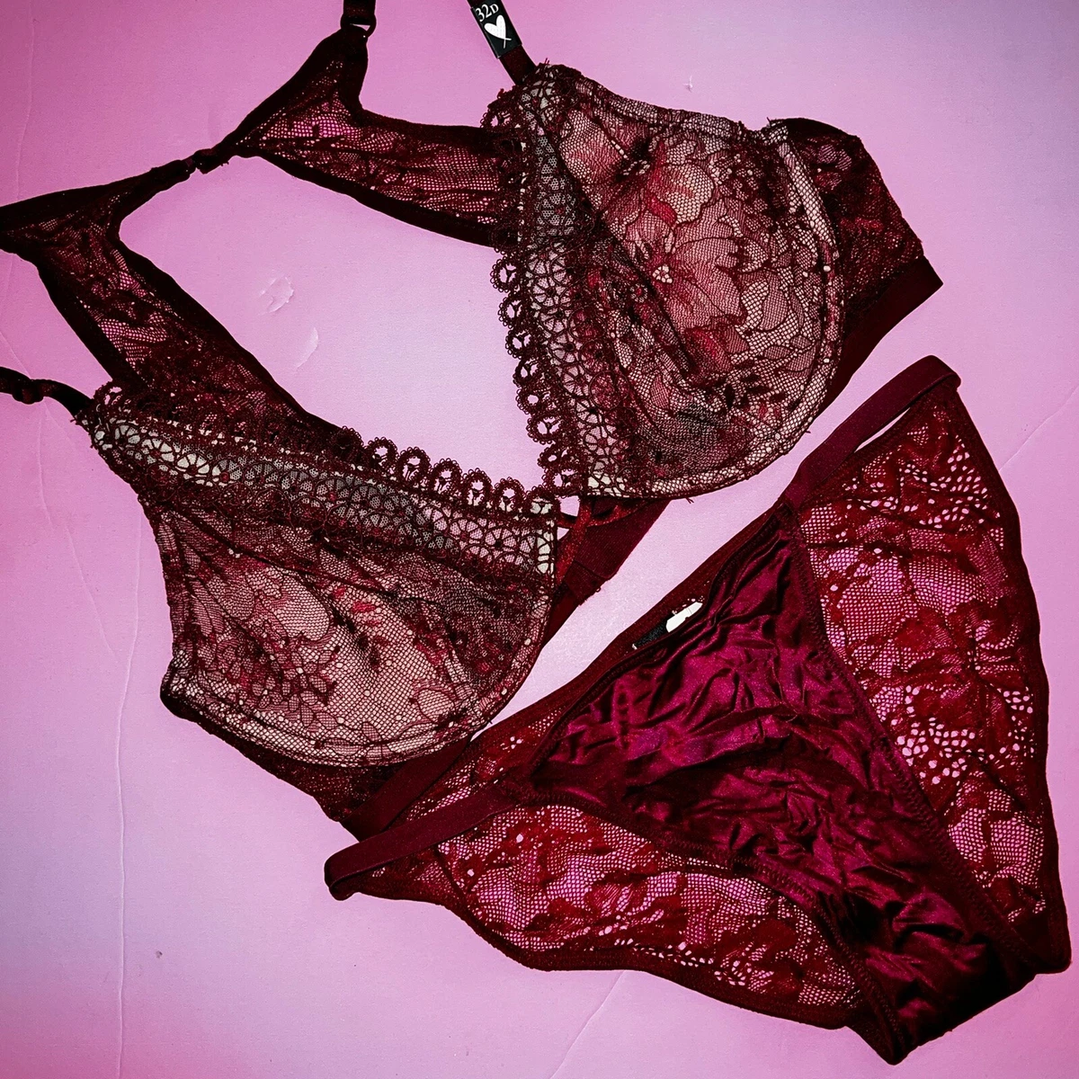 Victoria's Secret unlined 32D BRA SET XS panty wine RED burgundy embroider  lace