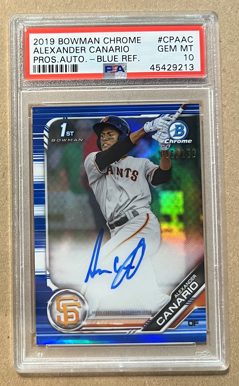 ALEXANDER CANARIO 2019 BOWMAN CHROME BLUE REFRACTOR AUTO 1ST RC /150 PSA 10