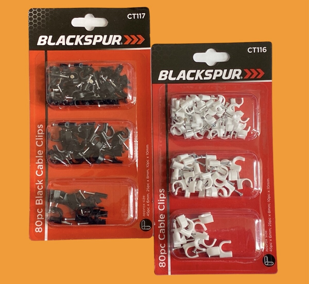 80pk Black/White CABLE CLIPS Assorted Sizes Wall Tacks Wire Cord