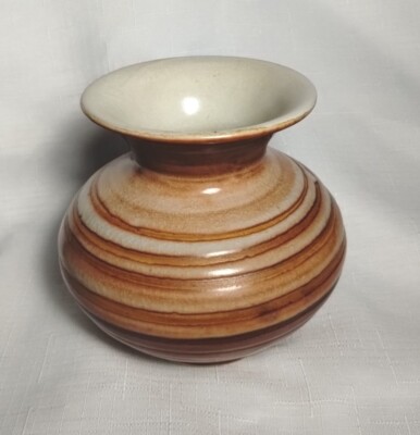 Vintage Studio Art Pottery Coral & Cream Striped Vase Signed AD  Excellent 4.5''
