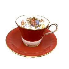 Aynsley Tea Cup And Saucer  Burnt Orange  Floral Bone China Footed Gold #2956
