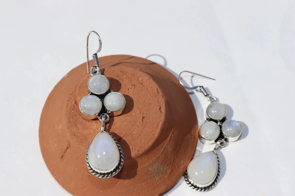 Pendientes colgantes de piedra lunar de plata de ley 925 pendientes colgantes Foto 2 de 3