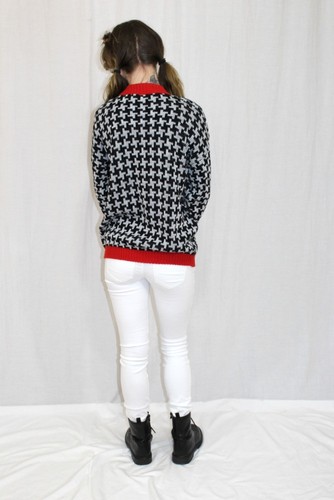 Vintage 80s Adele Black White Houndstooth Check Retro Acrylic Sweater Jumper~SM - Picture 4 of 5
