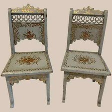 Antigua casa de muñecas española verde dorado floral miniatura madera sillas muñeca pequeña