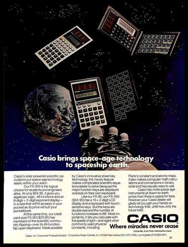 1984 Casio FX-910 FX-90 Calculators PRINT AD Retro Computers PC Math Outer Space